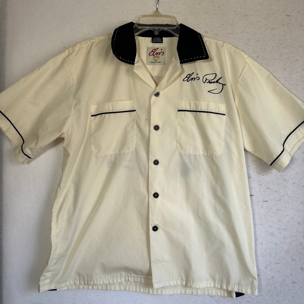 Elvis by David Carey Pink Cadillac Graceland Bowling Shirt Cream Mens Medium